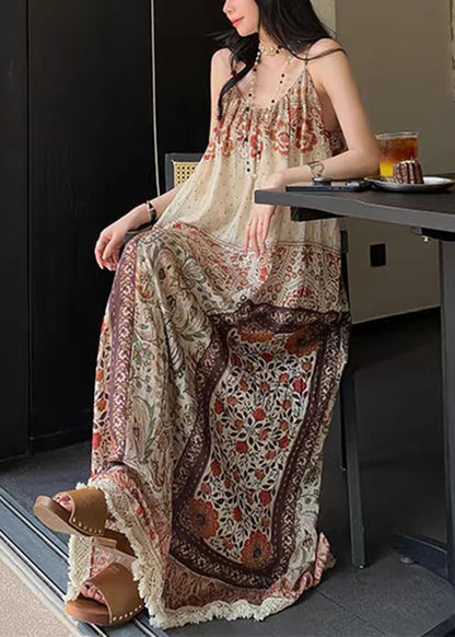 Print Tasseled Pockets Patchwork Cotton Spaghetti Strap Dress Sleeveless