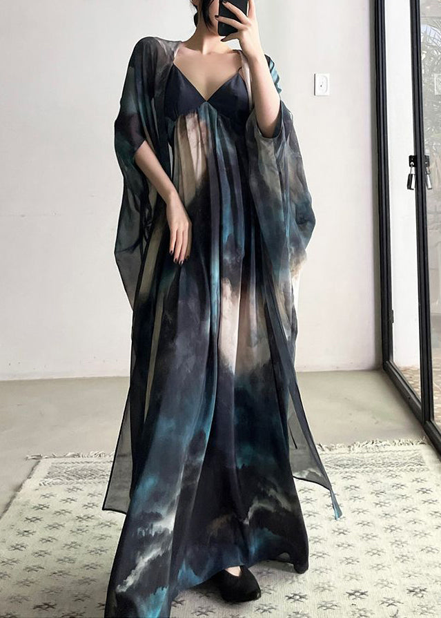 Blue Cardigans and Spaghetti Strap Dresses Chiffon Two Piece Suit Fall