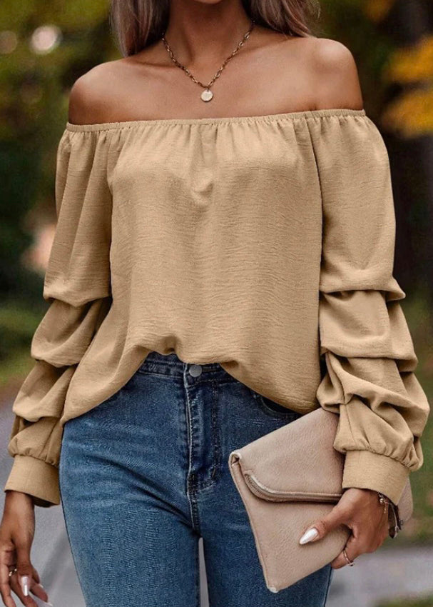 Loose Khaki Slash Neck Shirts Tops Spring