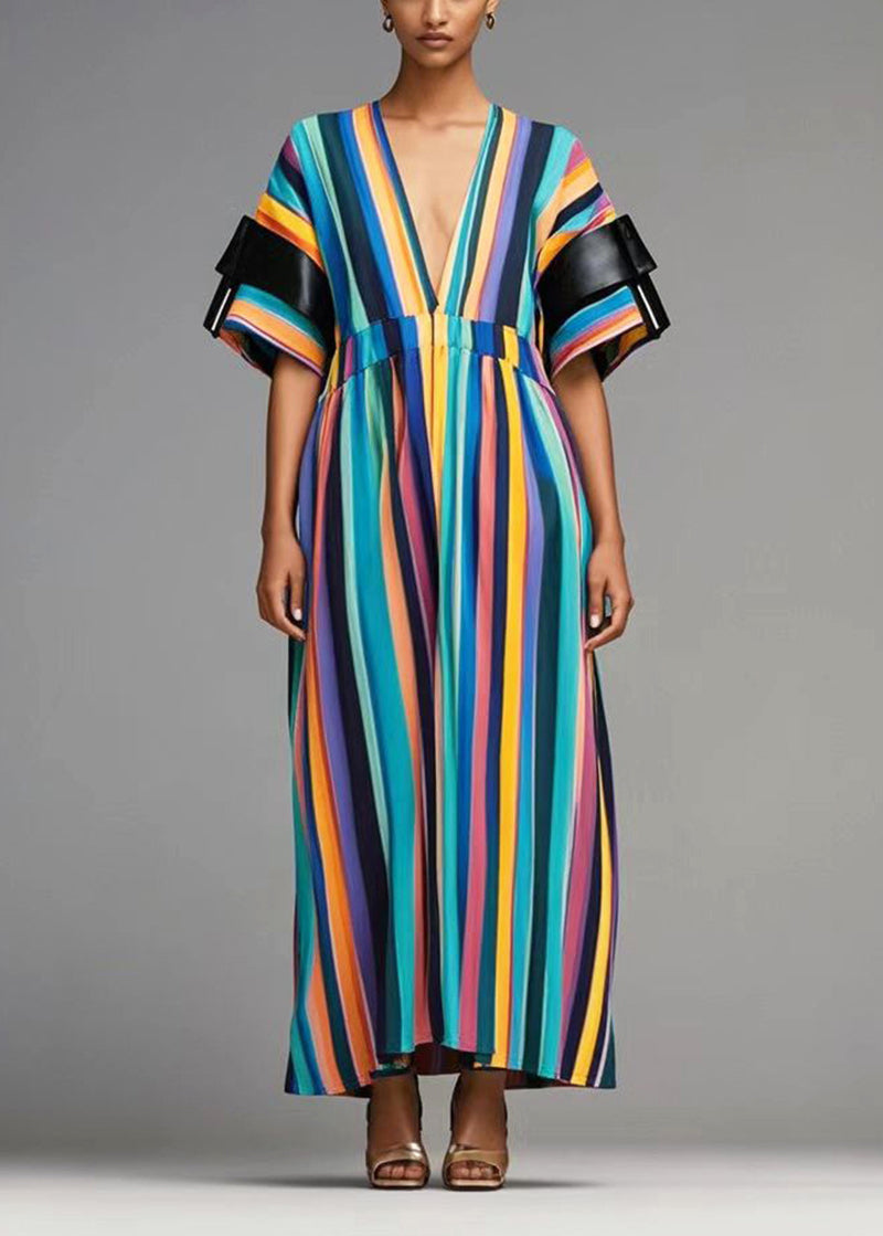 Rainbow Deep-v Neck Striped Cotton Dresses Summer