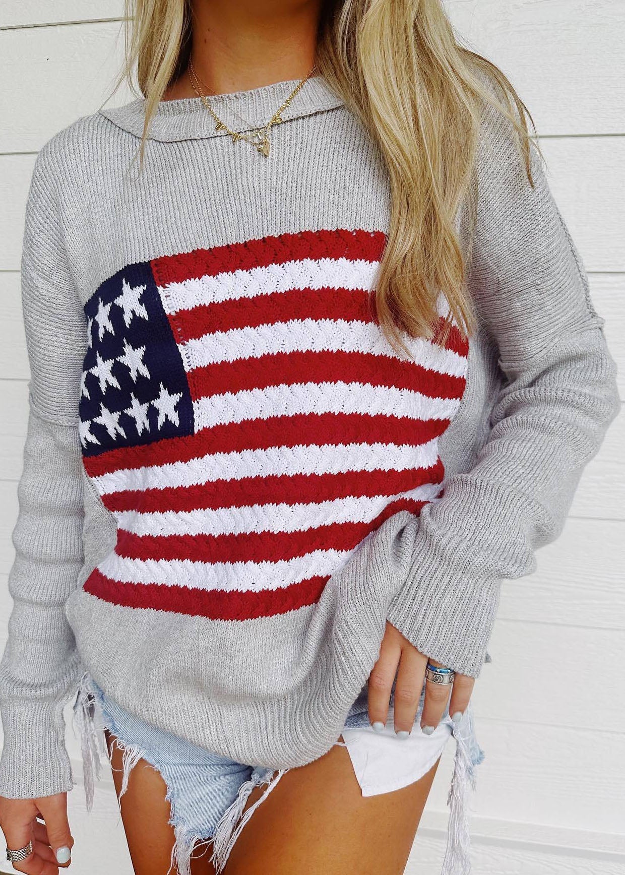 New White O Neck Striped Knit Pullover Spring