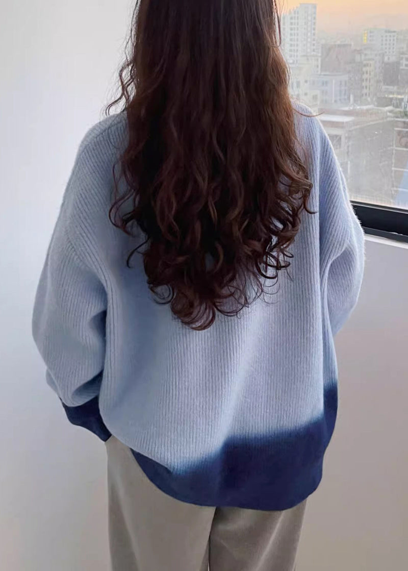 Blue O-neck Cozy Cotton Knit Sweaters Batwing Sleeve