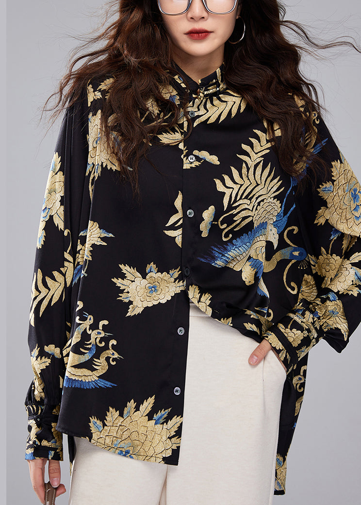 Black Stand Collar Button Print Silk Blouses Fall