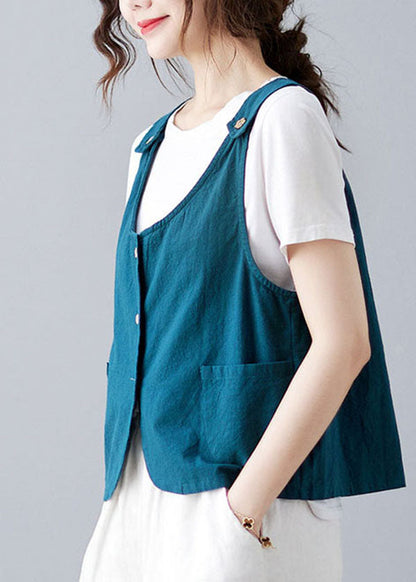 Handmade Sky Blue Button Pockets Color Linen Vests Sleeveless