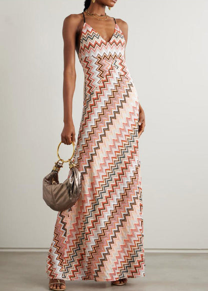 Stylish V Neck Striped Backless Cotton Long Dresses Sleeveless
