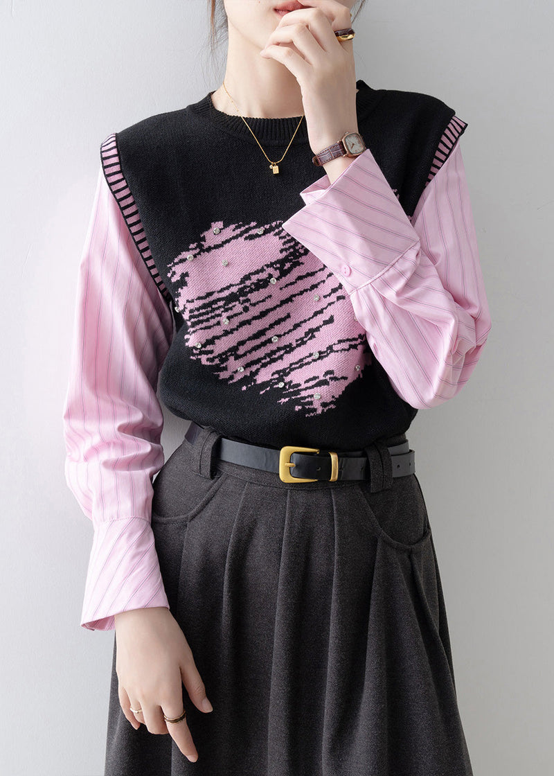 New Fake Two Pieces Set Knit Patchwork Pink Shirts Spring