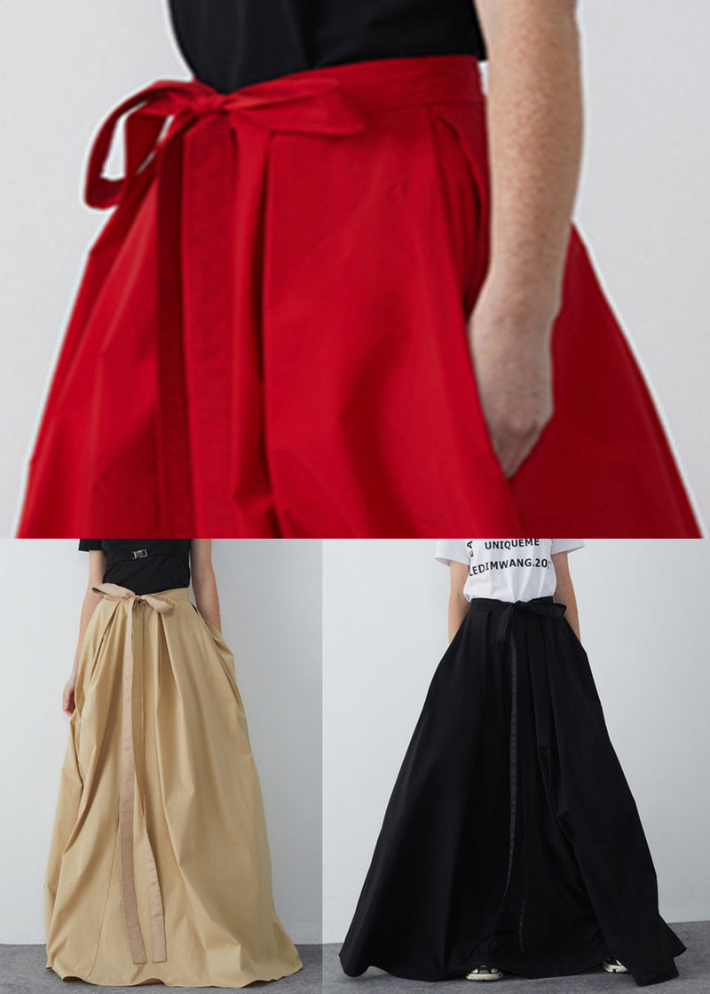 Simple Khaki Lace Up Pockets High Waist Cotton Skirts