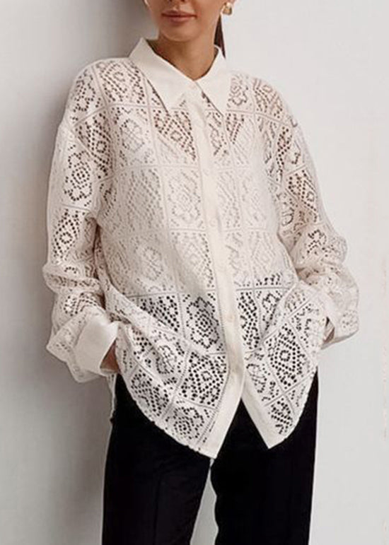 Stylish Beige Peter Pan Collar Hollow Out Cotton Shirt Tops Spring