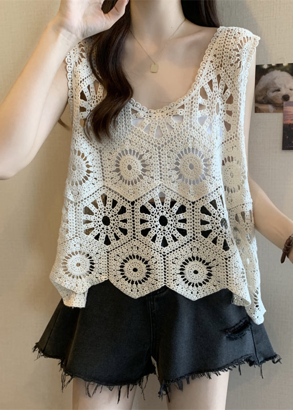 White Hollow Out Oversized Knit Vests Summer