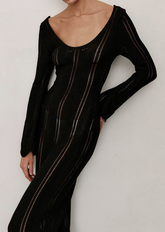 Black High Waist Knit Long Dresses V Neck Spring