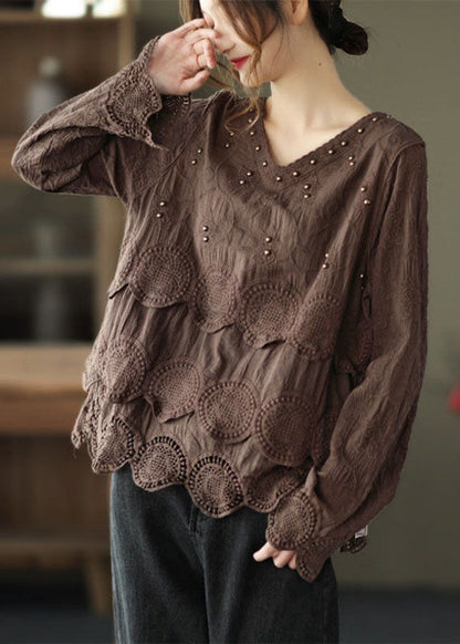 Chocolate Embroidered Hollow Out Fall Long Sleeve Shirt Tops