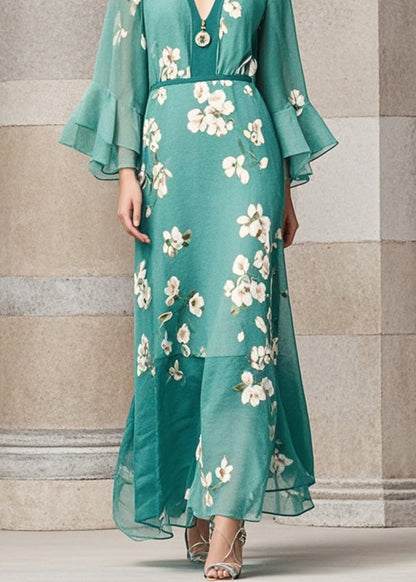 Green Cinched Print Chiffon Dress Flare Sleeve