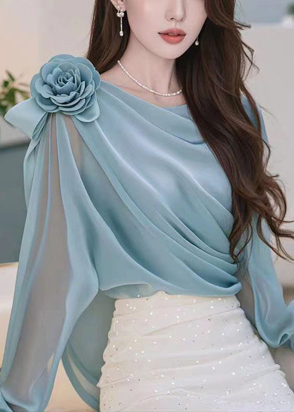 Stylish Blue Wrinkled Chiffon Shirt Fall