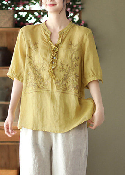 Yellow V Neck Embroidered Linen T Shirt Short Sleeve