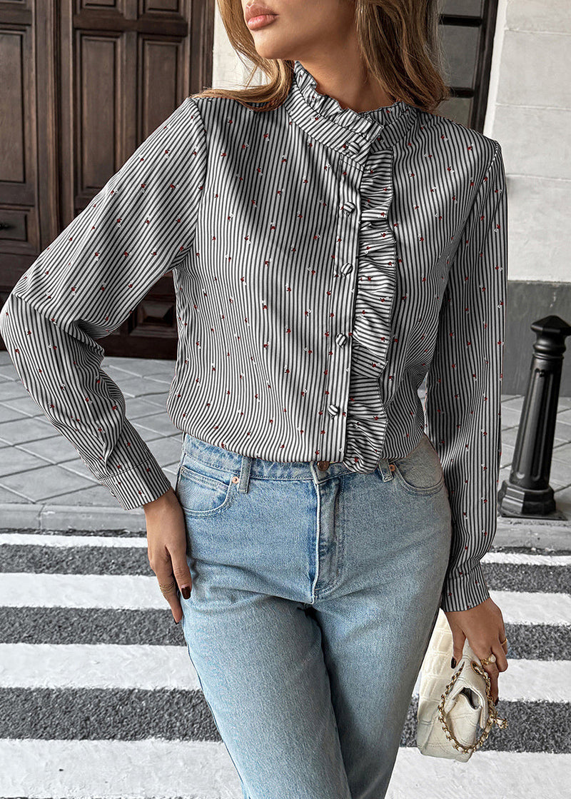 Red Ruffled Striped Patchwork Cotton Shirt Top Fall