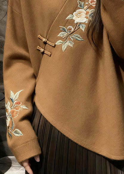 Chinese Style Brown V Neck Knit Sweater Fall
