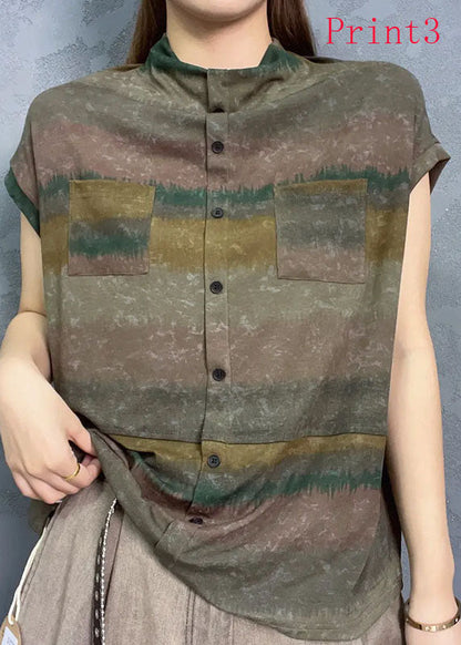 New Standing Collar Print Tie Dyed Short Sleeved Tops
