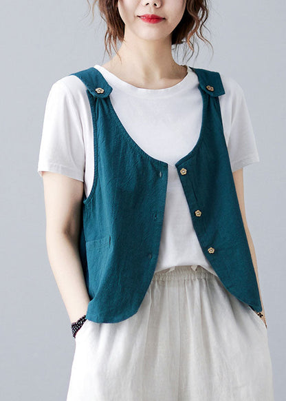 Handmade Sky Blue Button Pockets Color Linen Vests Sleeveless