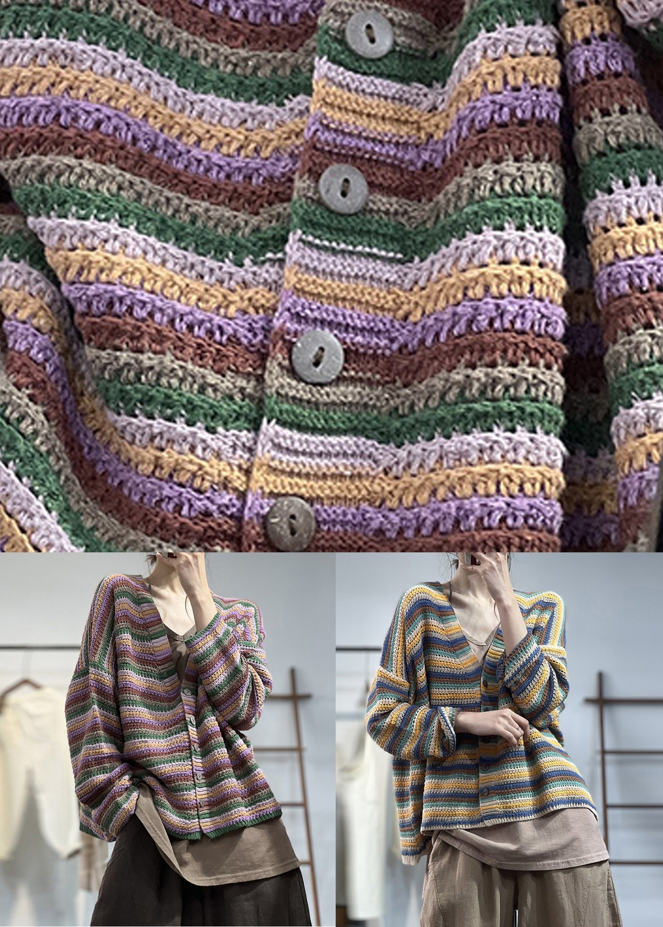 Blue V Neck Button Cotton Knit Coat Fall