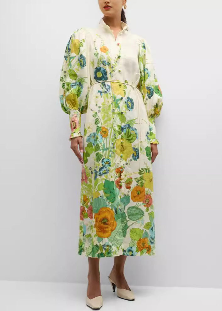 Green Print Pockets Tie Waist Cotton Shirts Dresses Fall