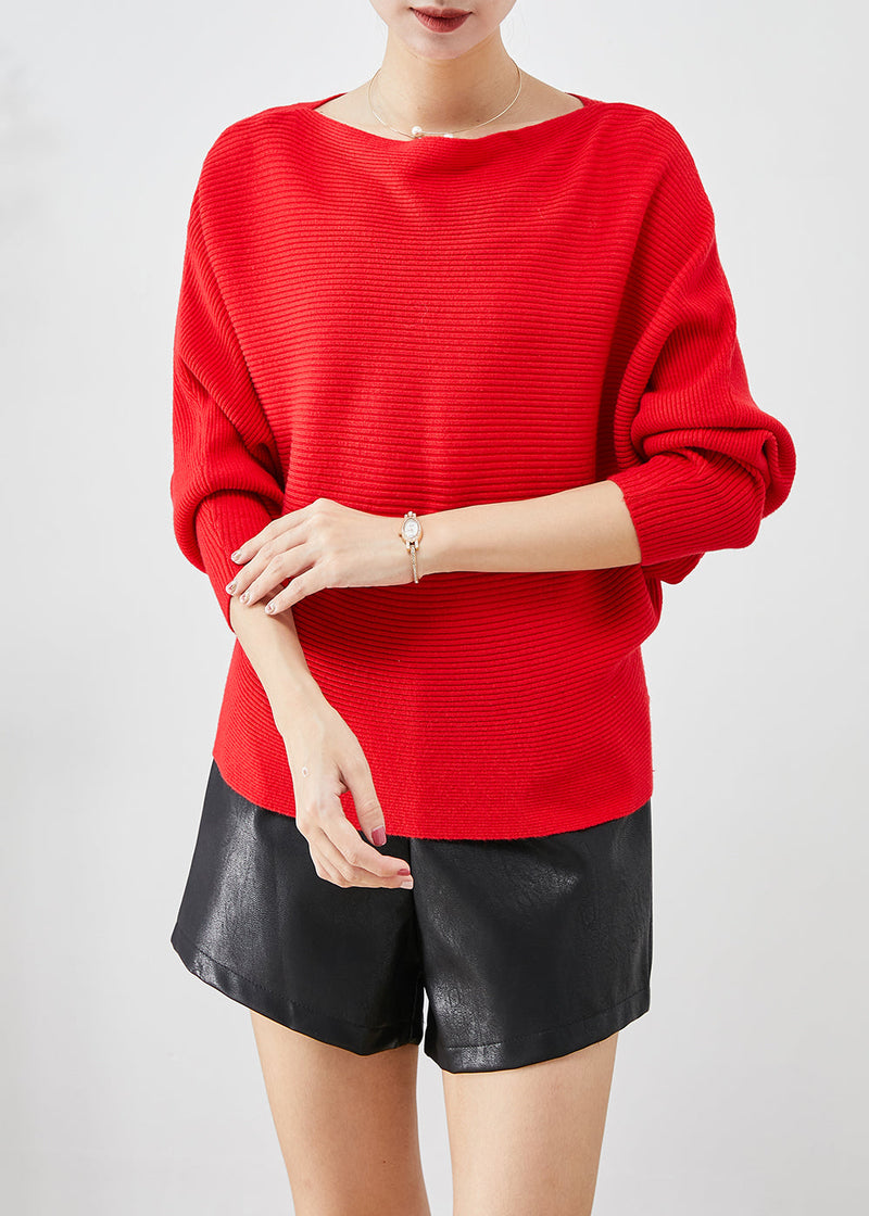Red Slash Neck Knit Sweater Tops Batwing Sleeve