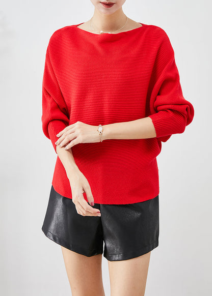 Red Slash Neck Knit Sweater Tops Batwing Sleeve