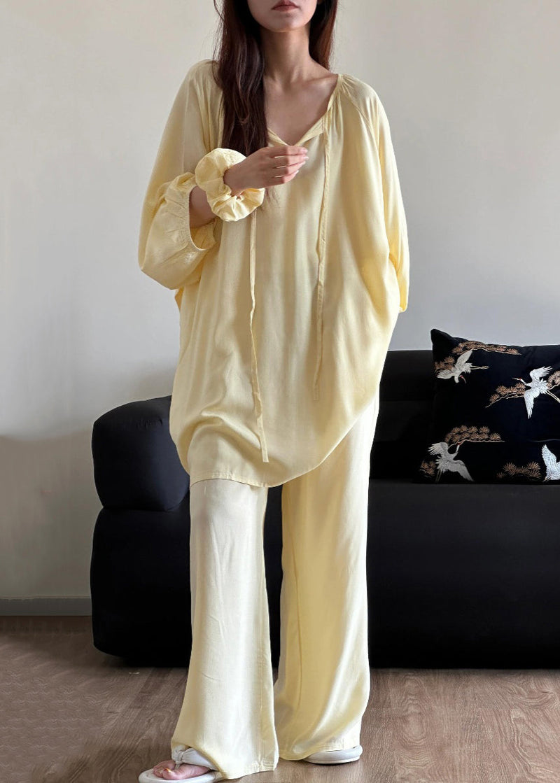 Simple Blue O Neck Lace Up Cotton Pajamas Two Piece Set Fall
