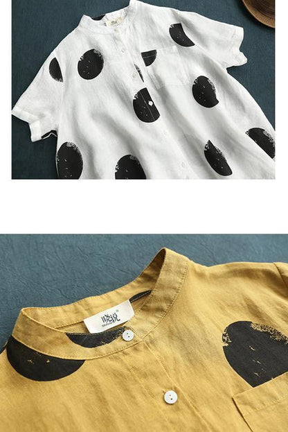Limited Stock- Polka Dot Cotton Linen Stand Collar Shirt