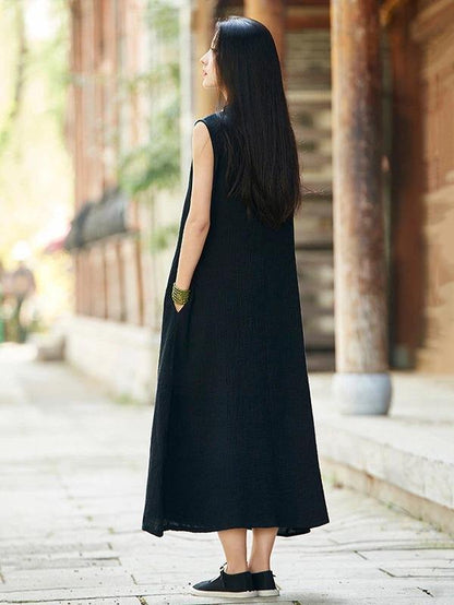French Stand Collar Chinese Button Cotton Linen Summer Dress Neckline Black Dress