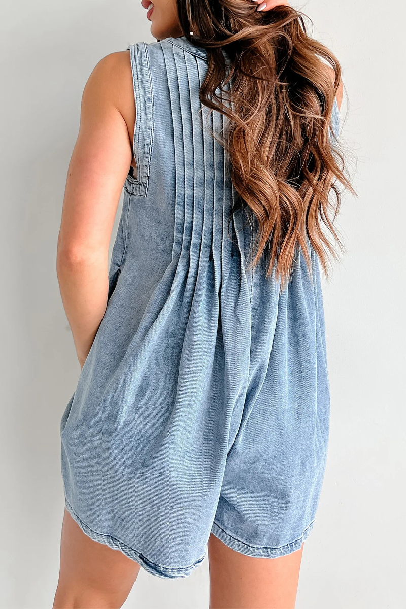 Street Color Pocket Lace Up V Neck Sleeveless Loose Denim Jumpsuits