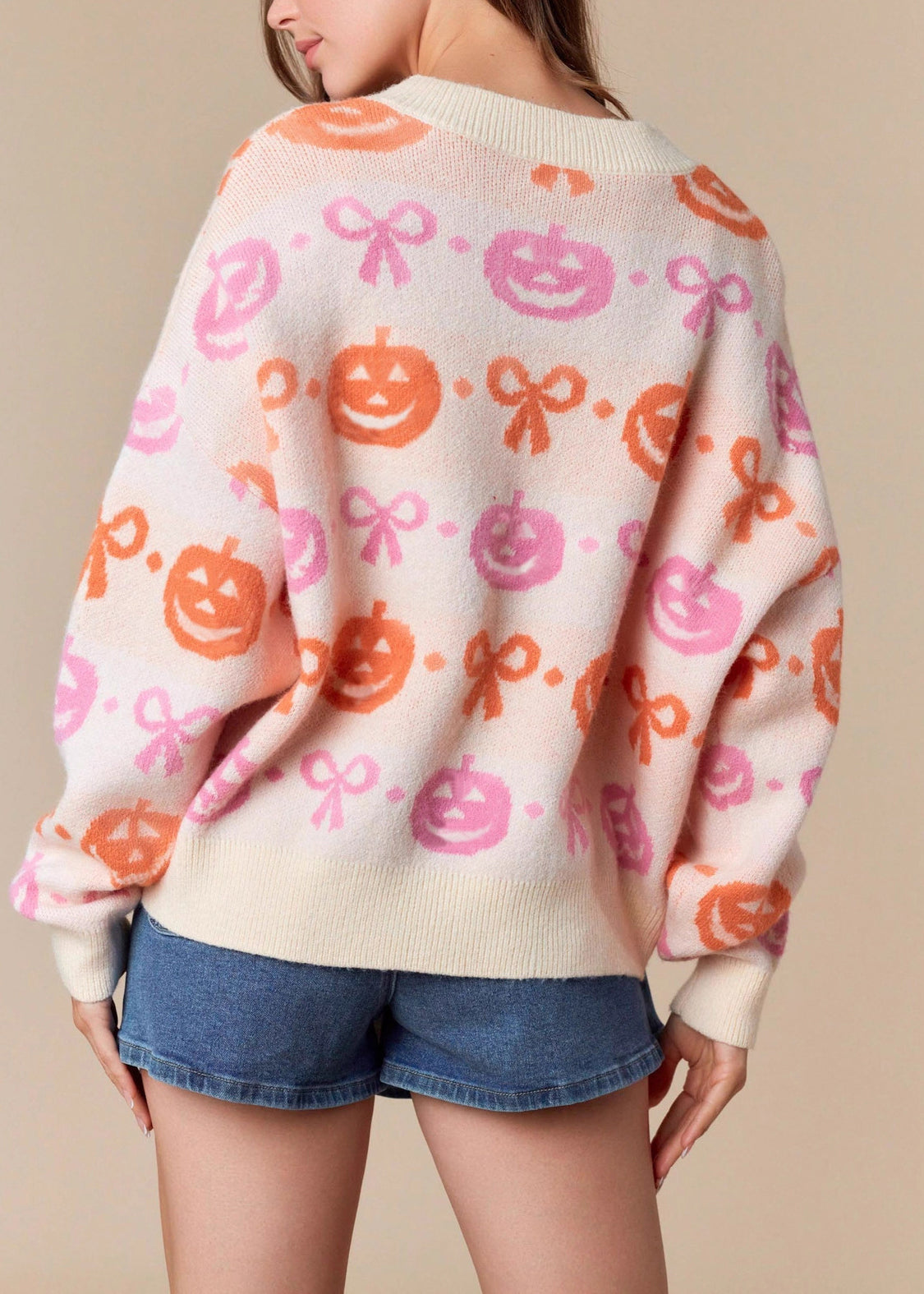 New Pink V Neck Jacquard Lace Up Knit Cardigans Fall