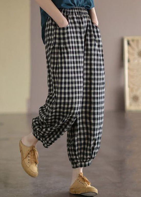 Black Plaid Pockets Patchwork Cotton Lantern Pants Summer