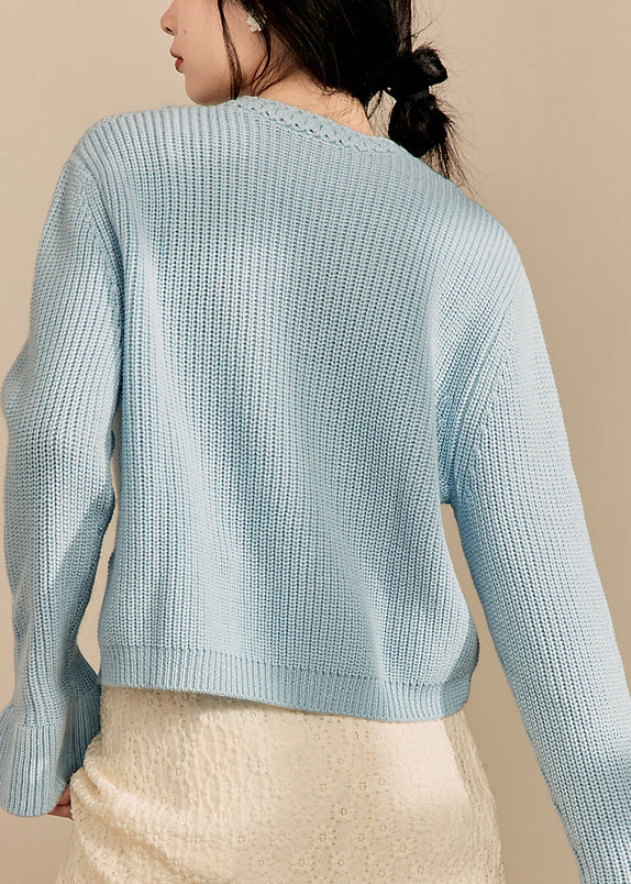 Blue V Neck Hollow Out Knit Cardigan Fall