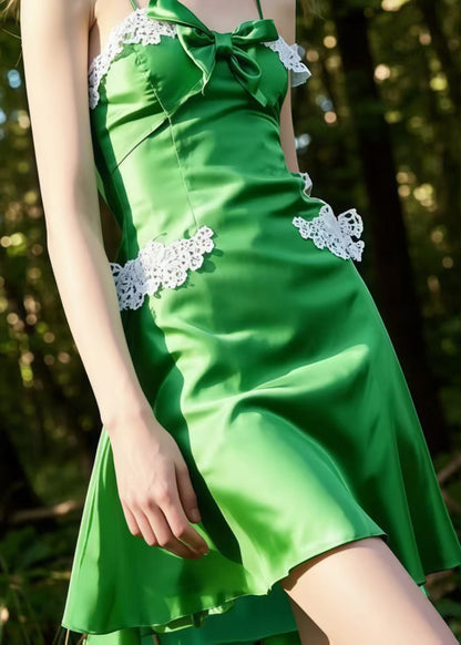 Grass Green Bow Patchwork Lace Silk Mini Dress Summer