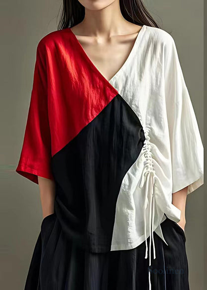 Colorblock Patchwork Linen Tops V Neck Drawstring Summer