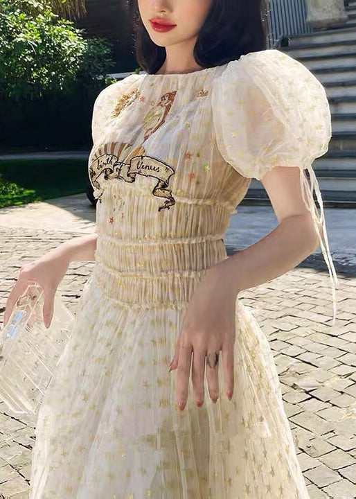 Apricot Ruffled Elastic Waist Tulle Long Dresses Summer
