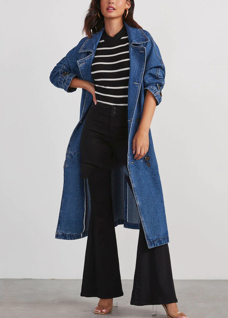 Italian Blue Notched Pockets Tie Waist Denim Long Trench Fall