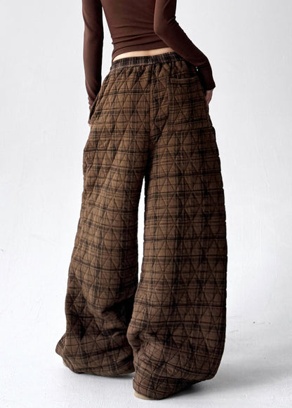 Coffee Plaid Pockets Elastic Waist Cotton Filled Pants Winter