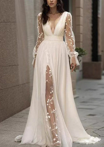French White V Neck Backless Chiffon Robe Dresses Summer