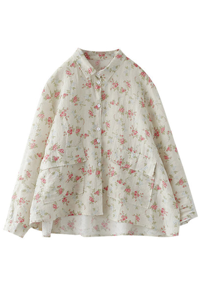 Apricot Peter Pan Collar Print Patchwork Button Linen Shirt Long Sleeve