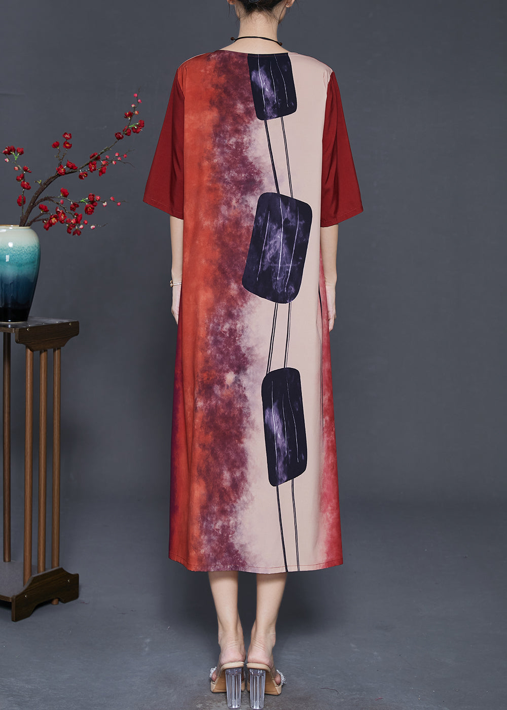Red Print Tie Dye Silk Long Dress Summer