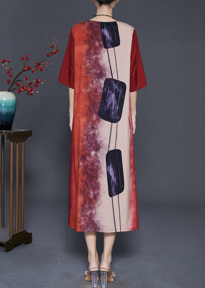 Red Print Tie Dye Silk Long Dress Summer
