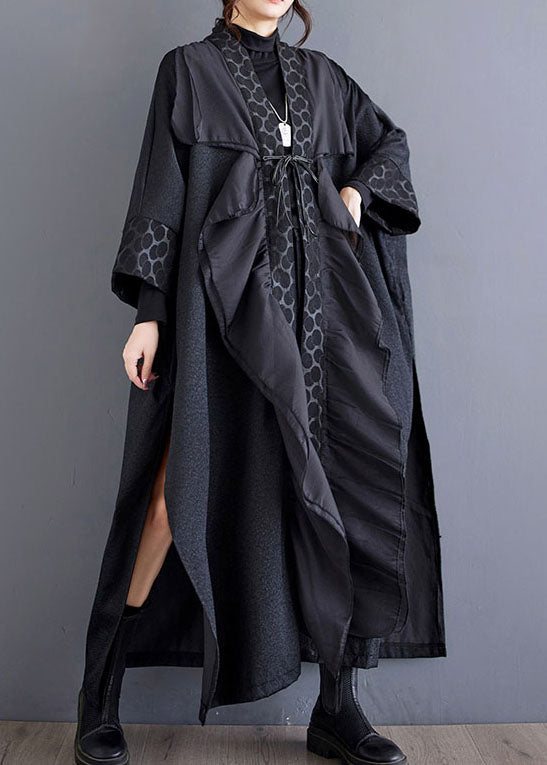 Black Ruffled Asymmetrical Patchwork Cotton Trench Spring