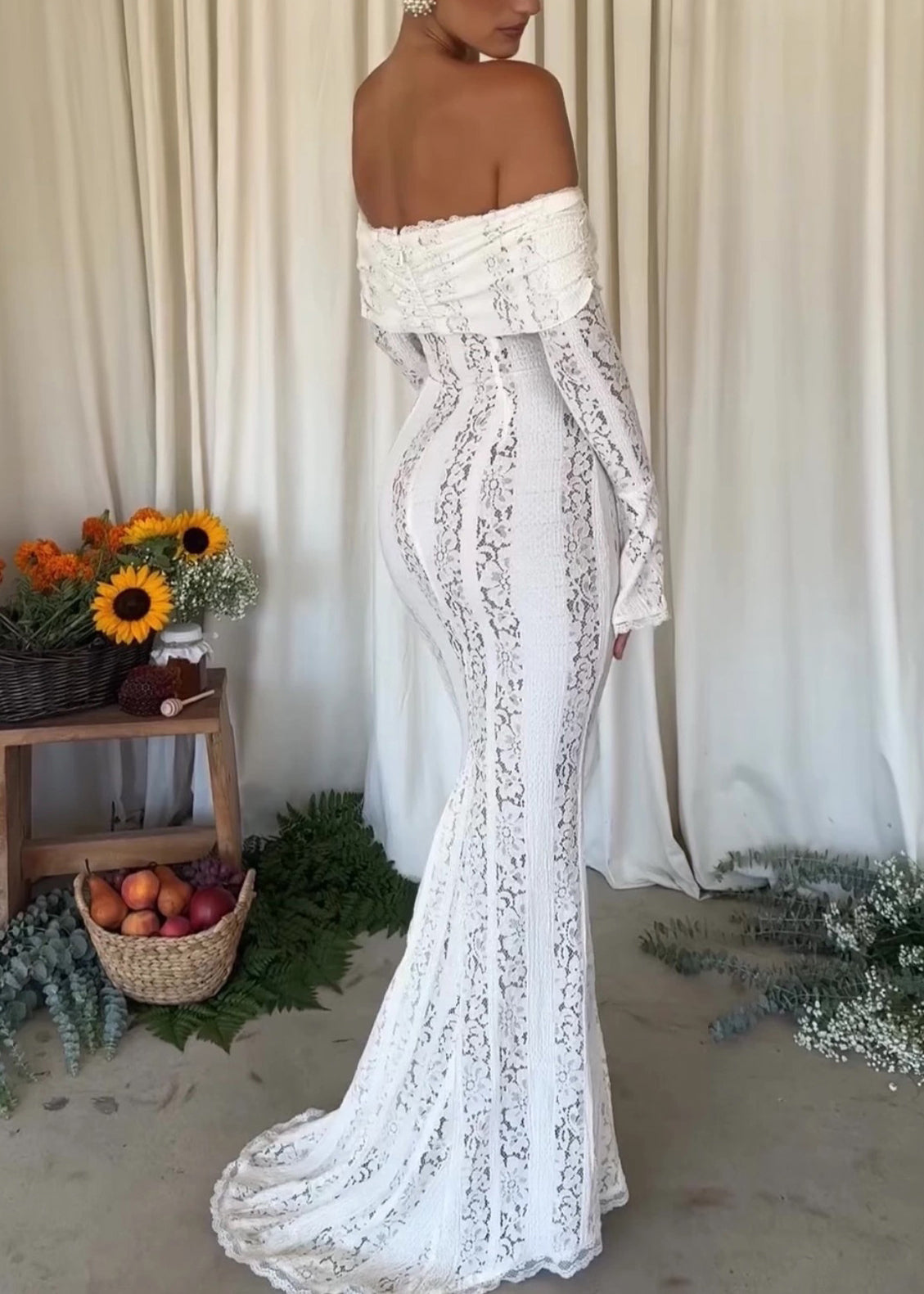 White Slash Neck Off Shoulder Long Dress Flared Sleeves