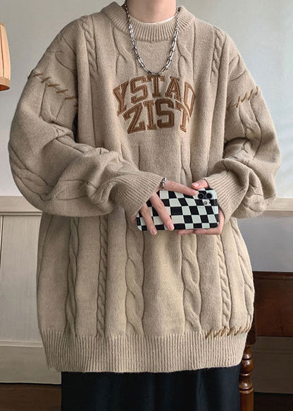 Simple Khaki O Neck Letter Cotton Knit Sweaters Winter