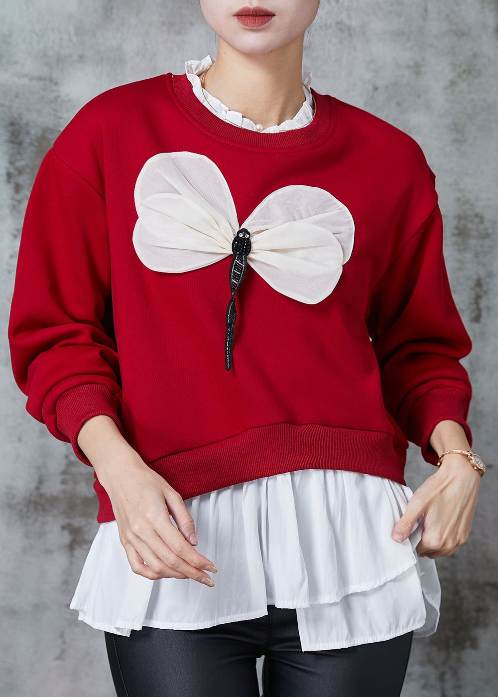 Red Patchwork Dragonfly Cotton Sweatshirts Top Spring