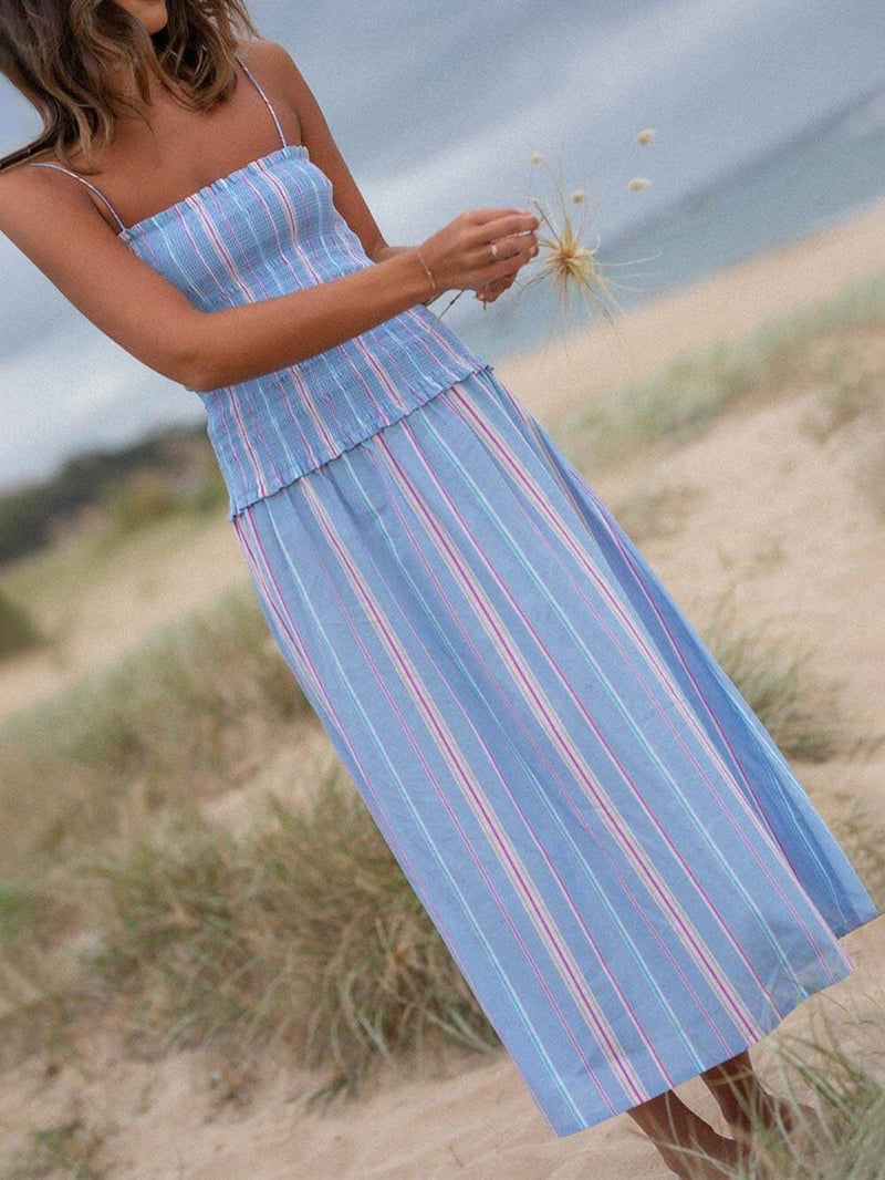 Pleated Striped Printed Stretch Panel Midi Dress