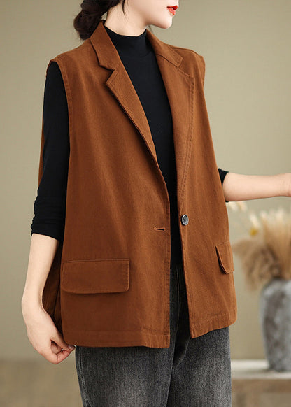 Orange Notched Neck Pockets Cotton Vest Sleeveless