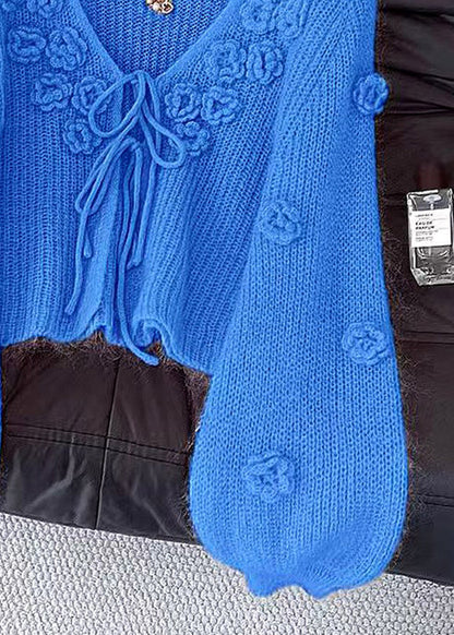 Blue V Neck Lace Up Cozy Knit Cardigans Fall