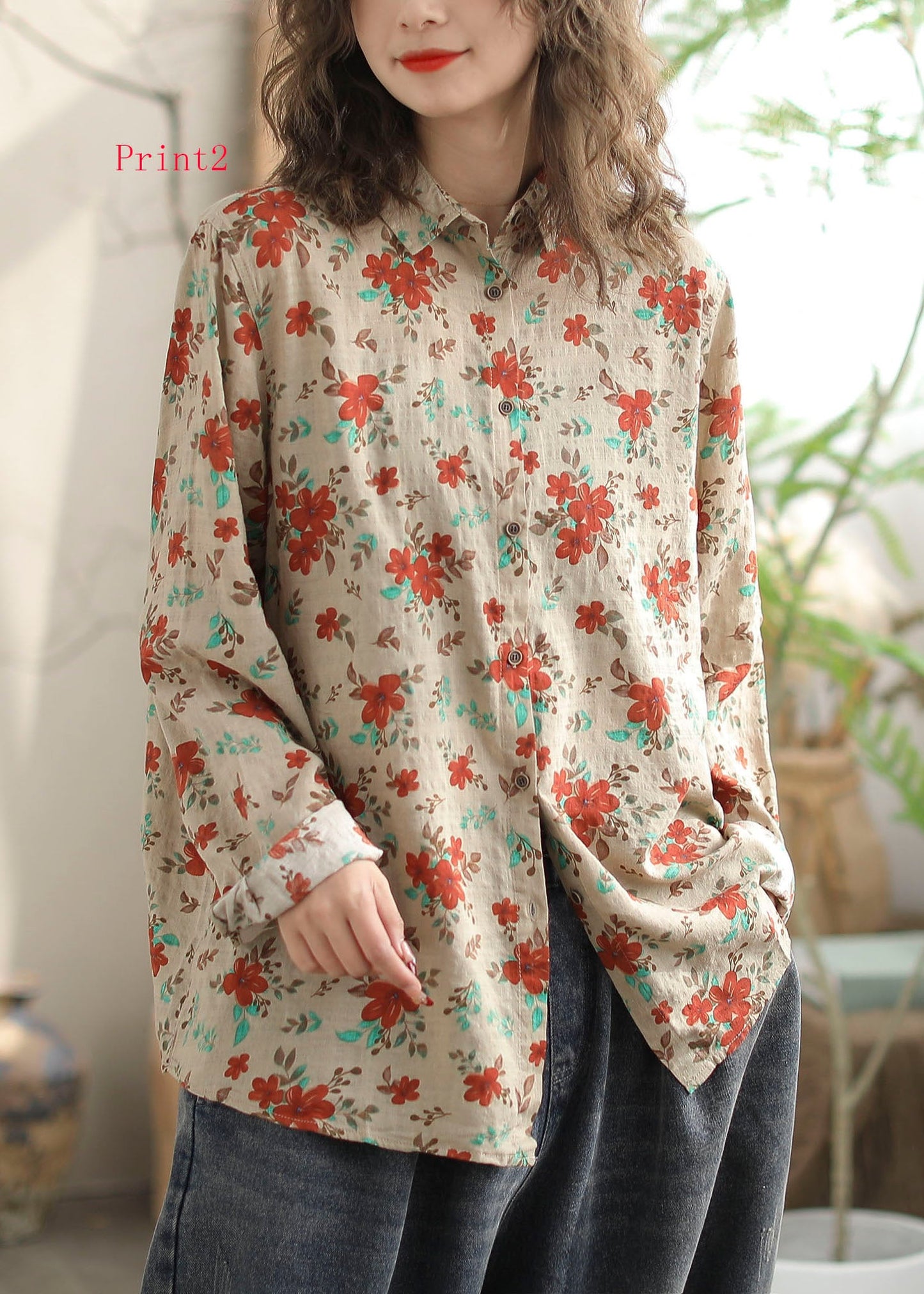 New Versatile Print Peter Pan Collar Cotton Shirt Long Sleeves